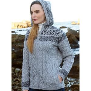 Aran Sweater Market Women's Fairisle Merino Wool Knit Hoodie Gray XL NWT